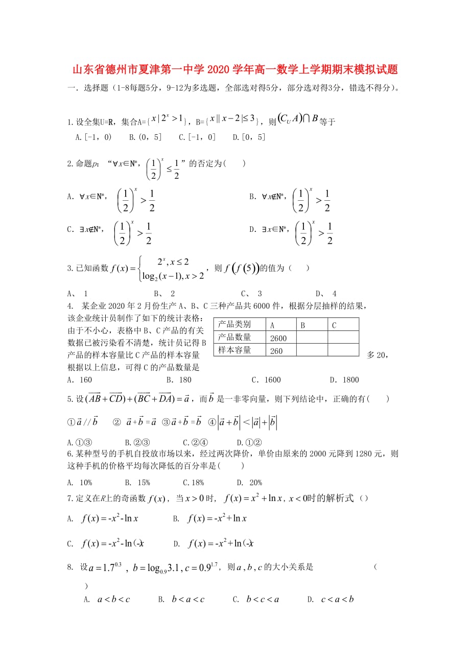 山东省德州市夏津第一中学2020学年高一数学上学期期末模拟试题（通用）_第1页