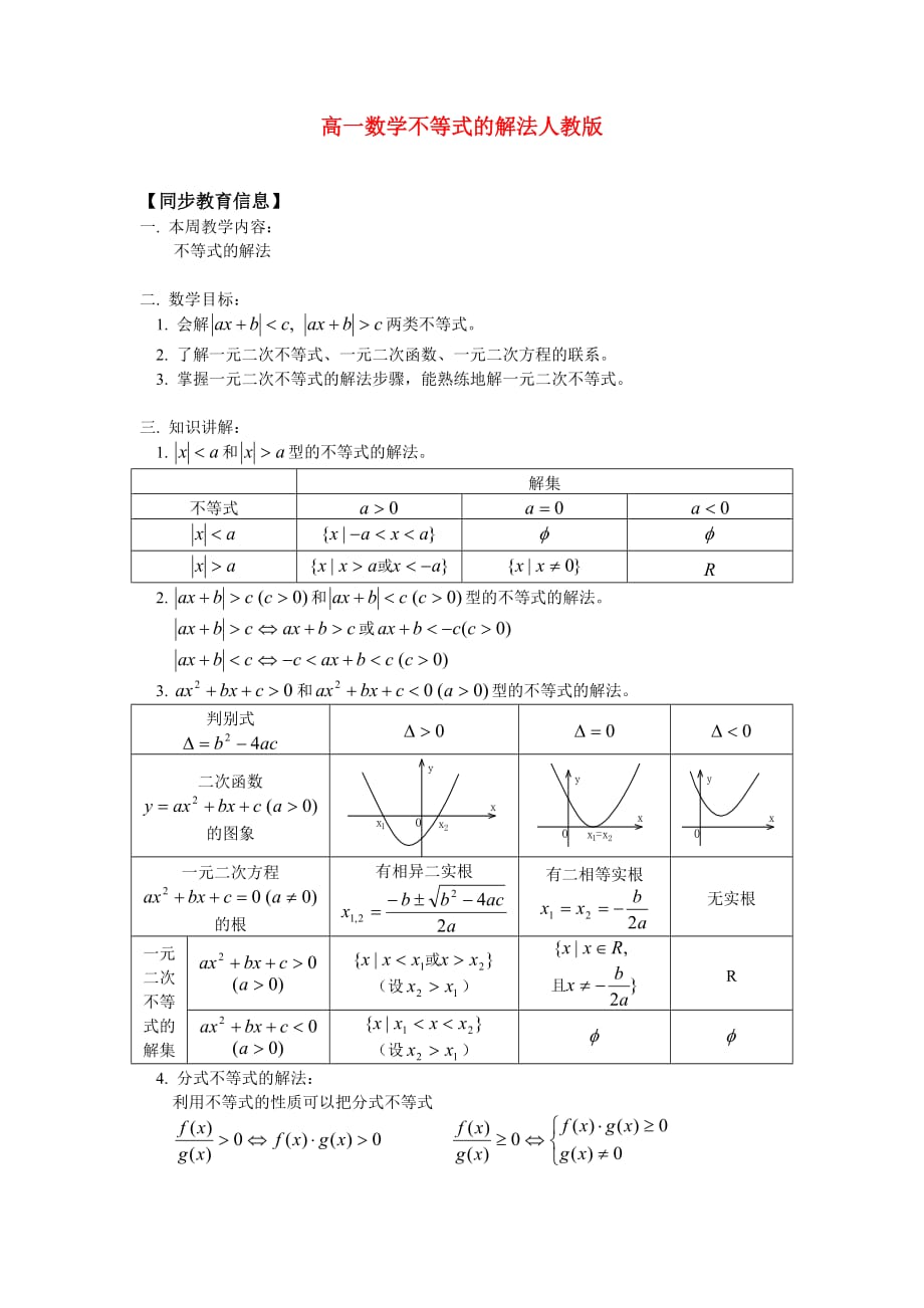 高一数学不等式的解法人教版知识精讲（通用）_第1页