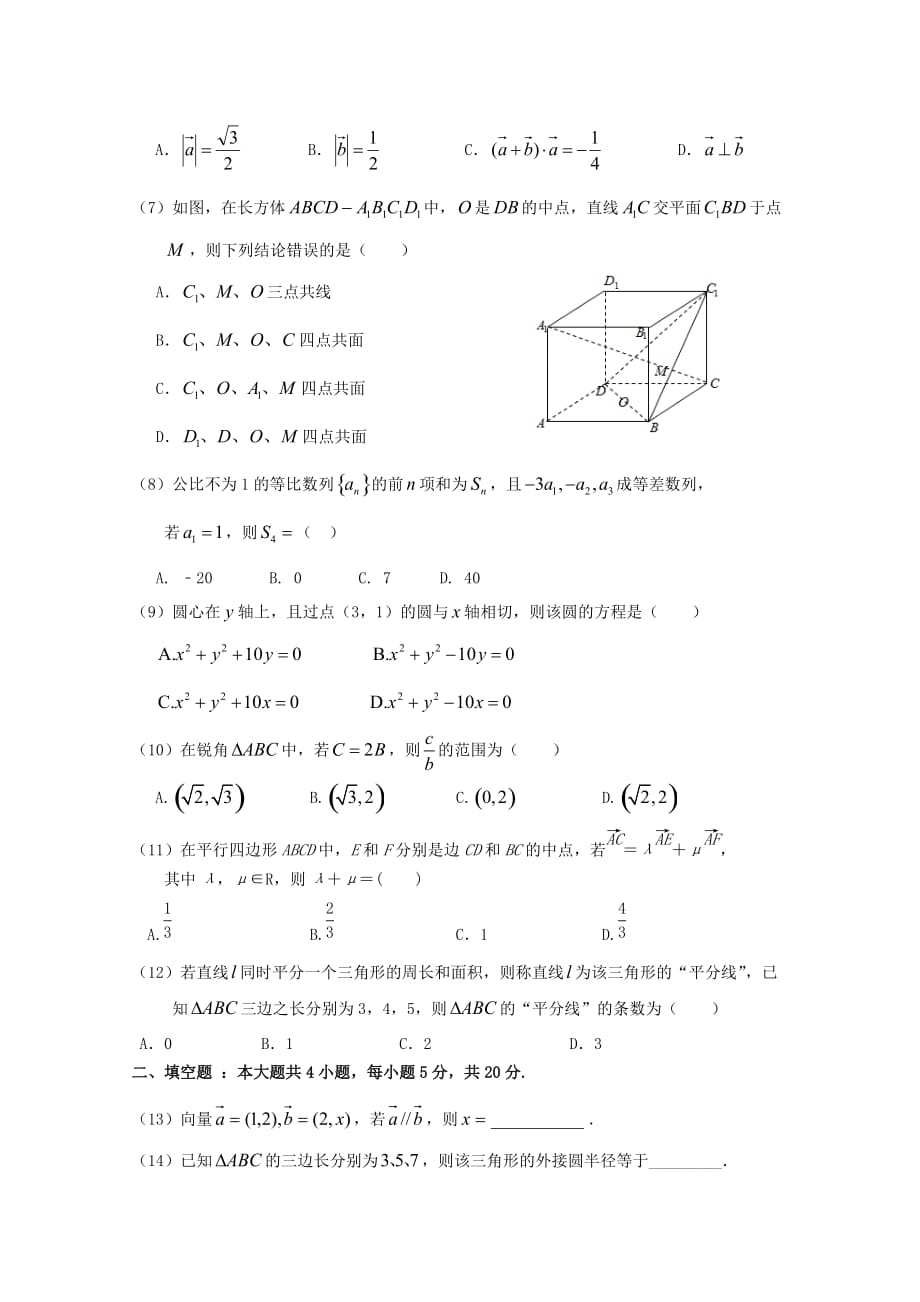 广东省惠州市2020学年高一数学下学期期末考试试题（无答案）（通用）_第2页