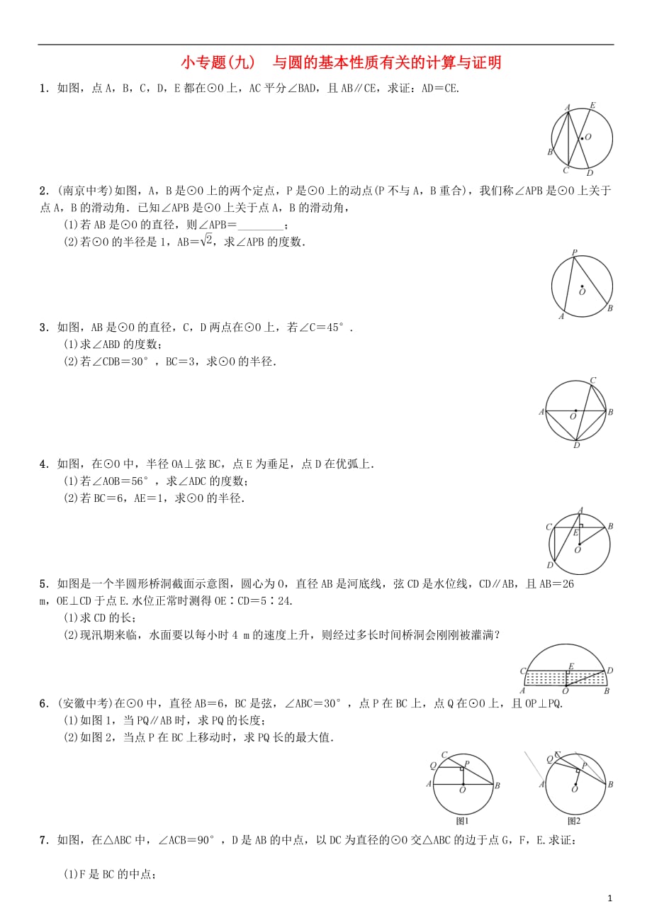 九年级数学上册24圆小专题（九）与圆的基本性质有关的计算与证明练习（新版）新人教版_第1页