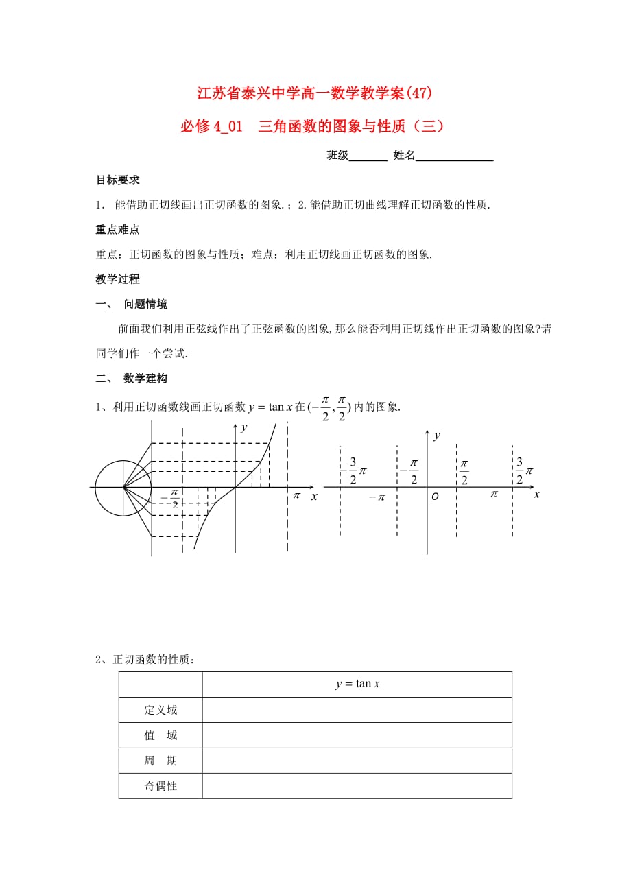 江苏省泰兴中学高中数学 第1章 三角函数 11 三角函数的图象和性质（3）教学案（无答案）苏教版必修4（通用）_第1页