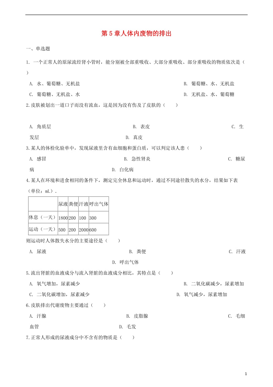 七级生物下册第四单元第5章人体内废物的排出同步练习（无答案）（新）新人教_第1页