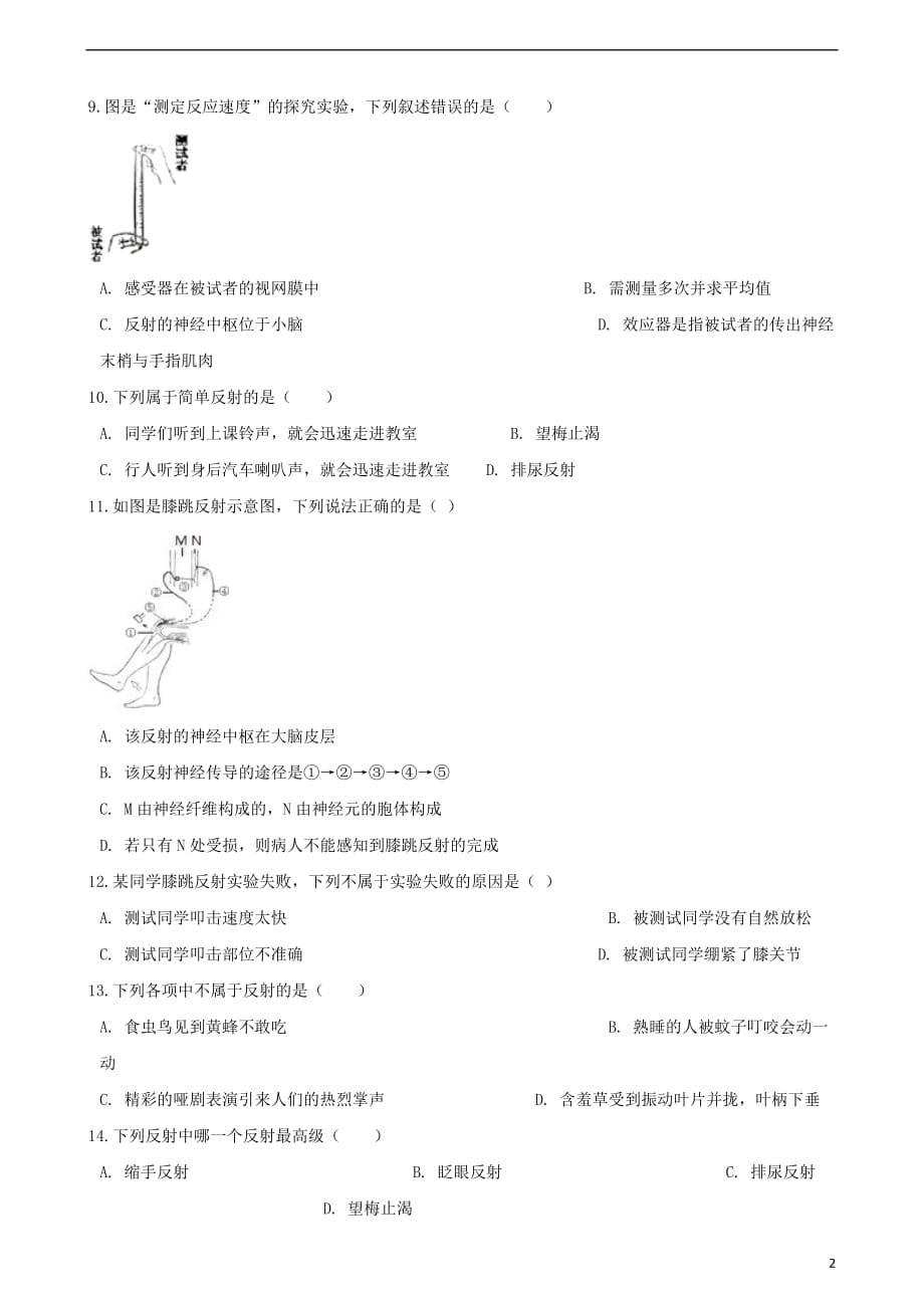 七级生物下册第四单元第六章第3节神经调节的基本方式同步练习（无答案）（新）新人教_第2页