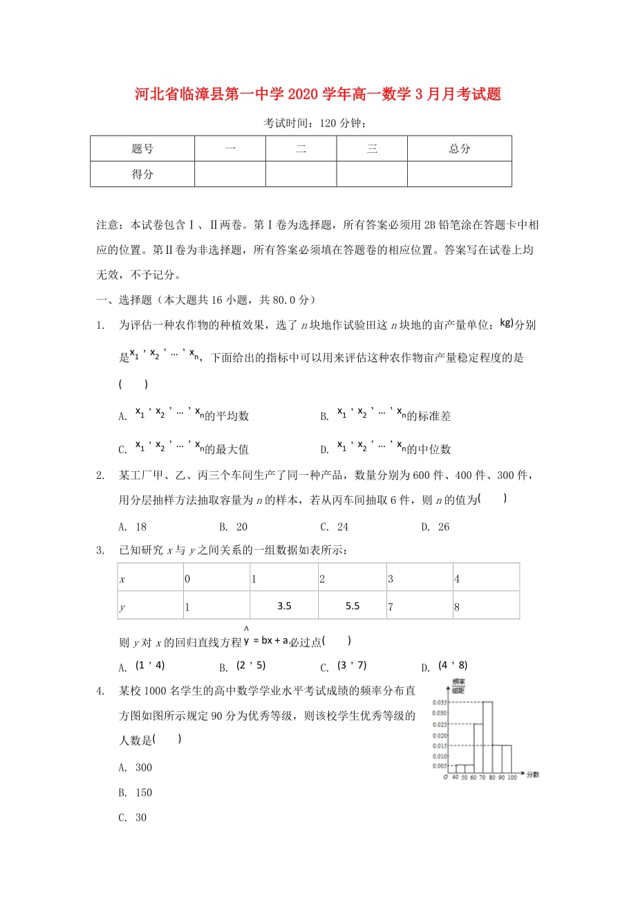 河北省临漳县第一中学2020学年高一数学3月月考试题（通用）_第1页