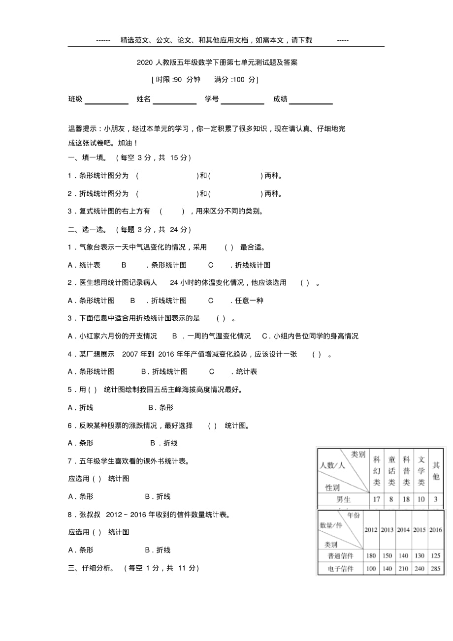 2020年人教版五年级数学下册第七单元测试题及答案_第1页