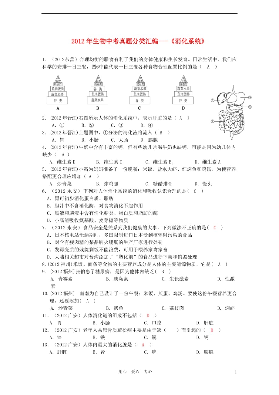 2012年中考生物真题分类汇编 《消化吸收》.doc_第1页