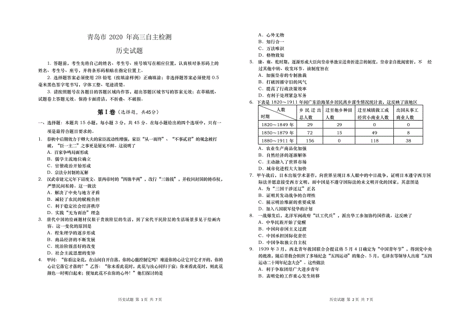 山东省青岛市2020届高三第三次模拟 历史试题 word版含答案_第1页