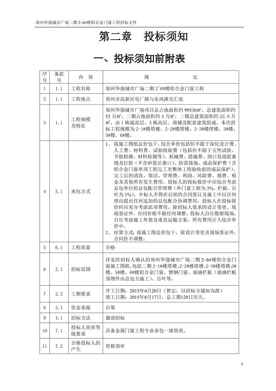 (招标投标）郑州华强城市广场二期2~6楼铝合金门窗工程招标文件150128_第5页