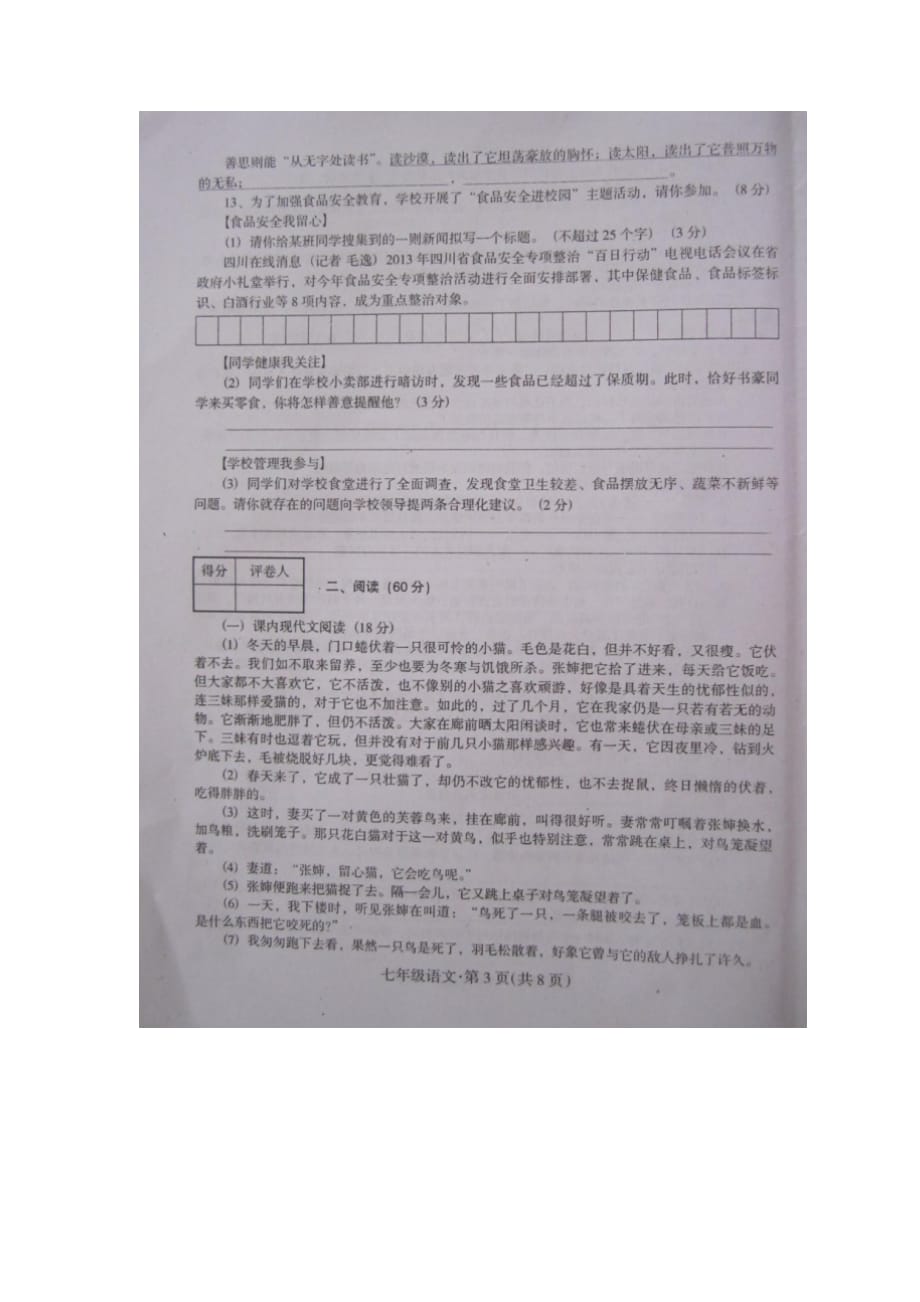 四川省邻水县2012-2013学年春季七年级语文期末考试试题（扫描版无答案） 新人教版.doc_第3页