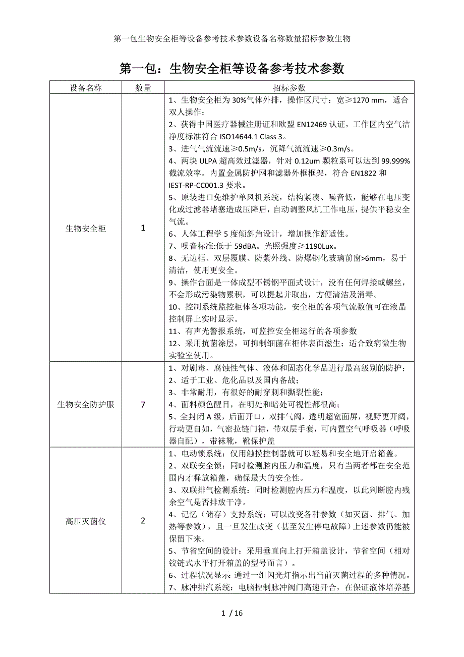 第一包生物安全柜等设备参考技术参数设备名称数量招标参数生物_第1页