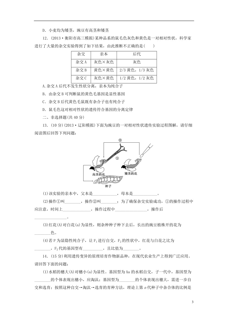 【优化设计】2014年高考生物一轮复习 孟德尔的豌豆杂交实验（一）限时集训（含解析）新人教版.doc_第3页