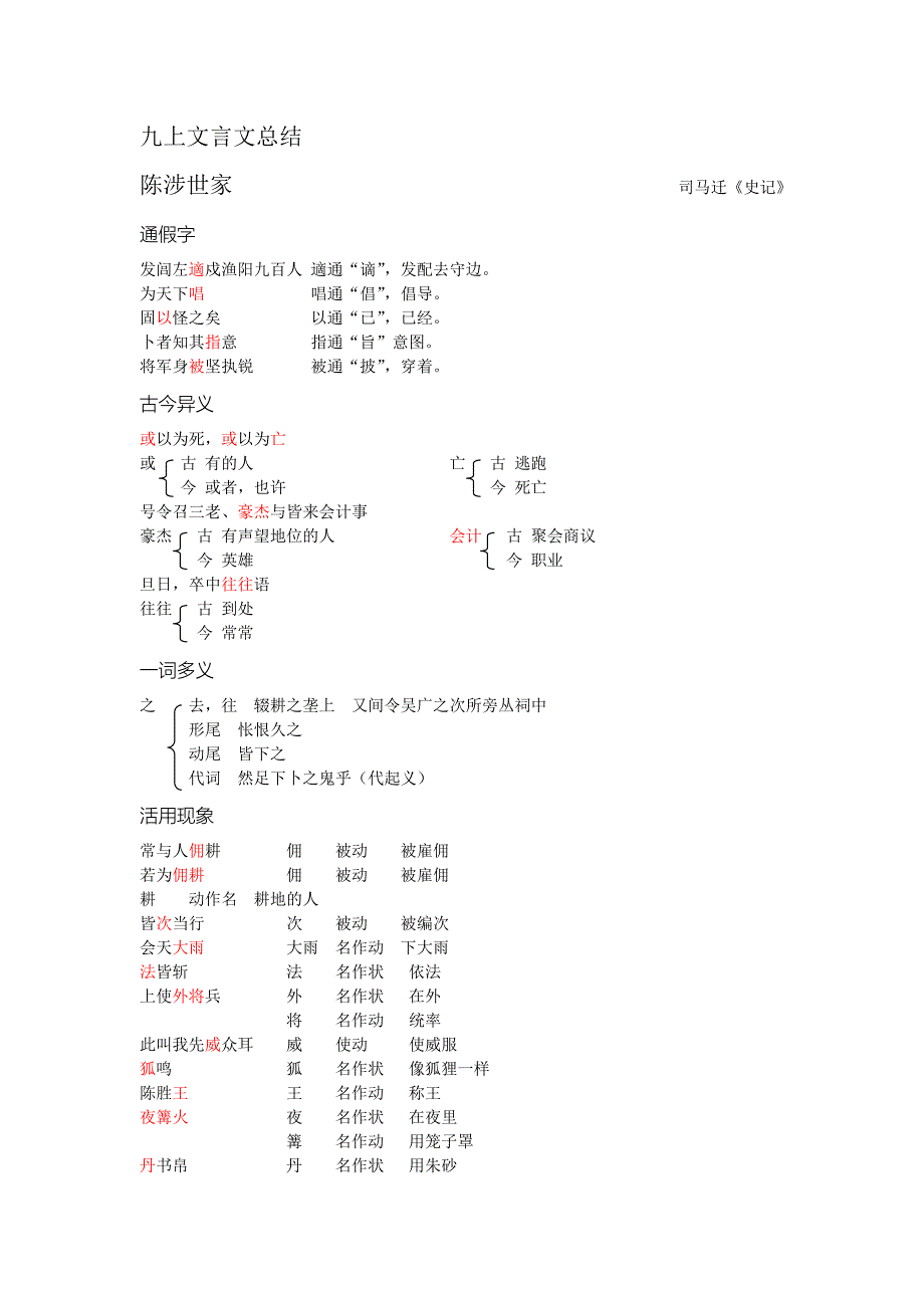 九年级上文言文总结(全）（精品）_第1页