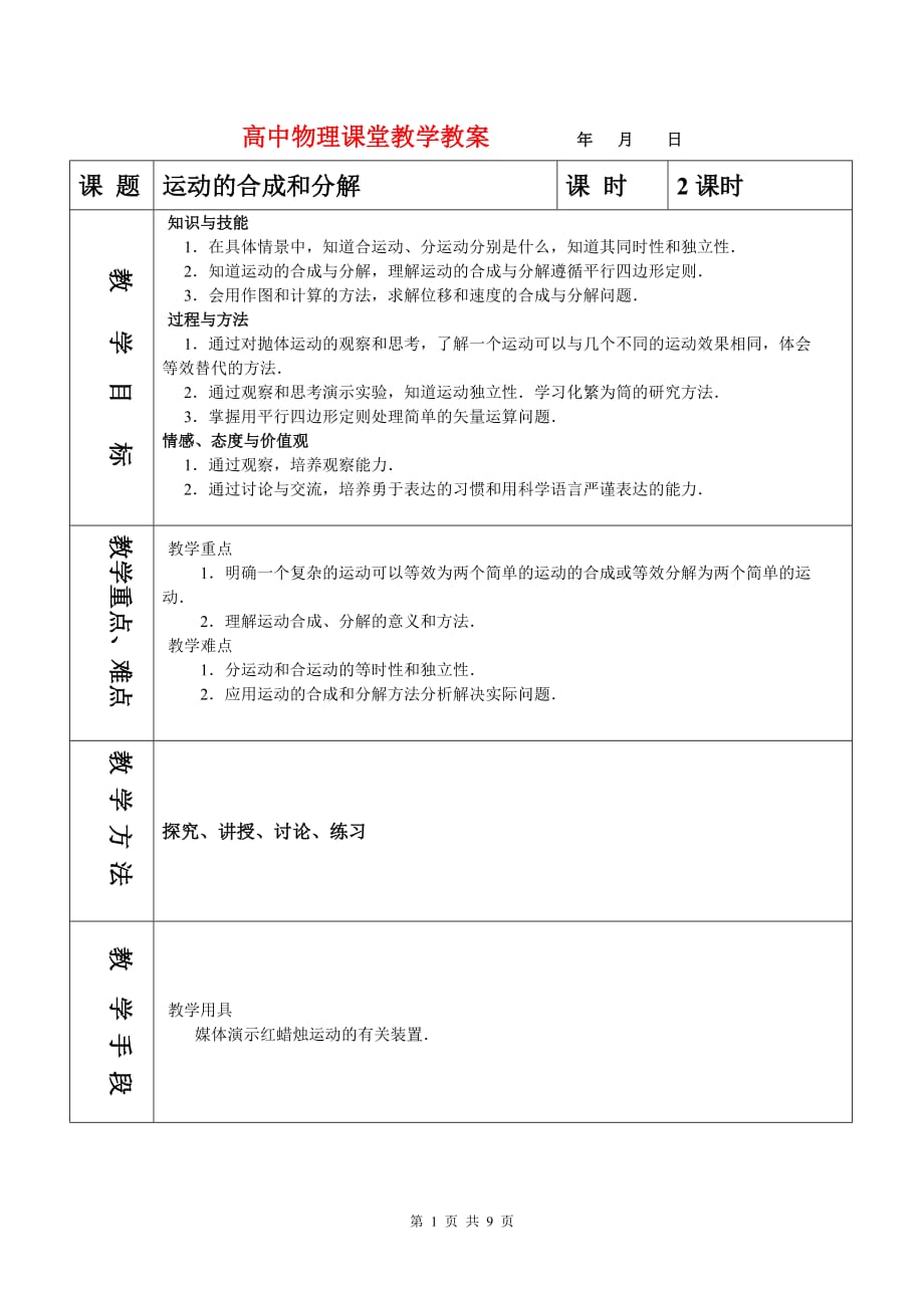 高中物理课堂教学教案 31 运动的合成与分解鲁科版必修2.doc_第1页