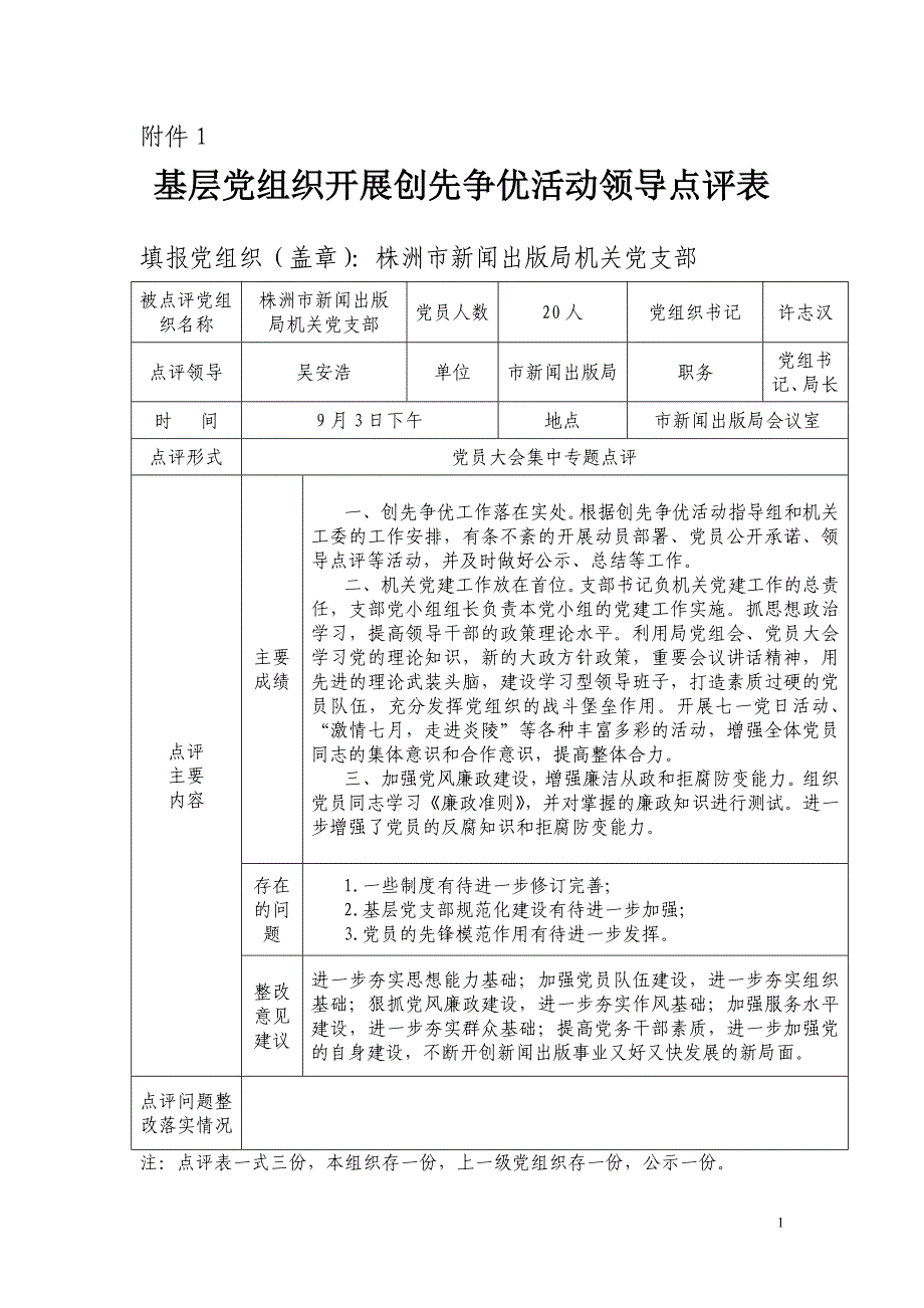 (组织设计）基层党组织开展创先争优活动领导点评登记表_第1页