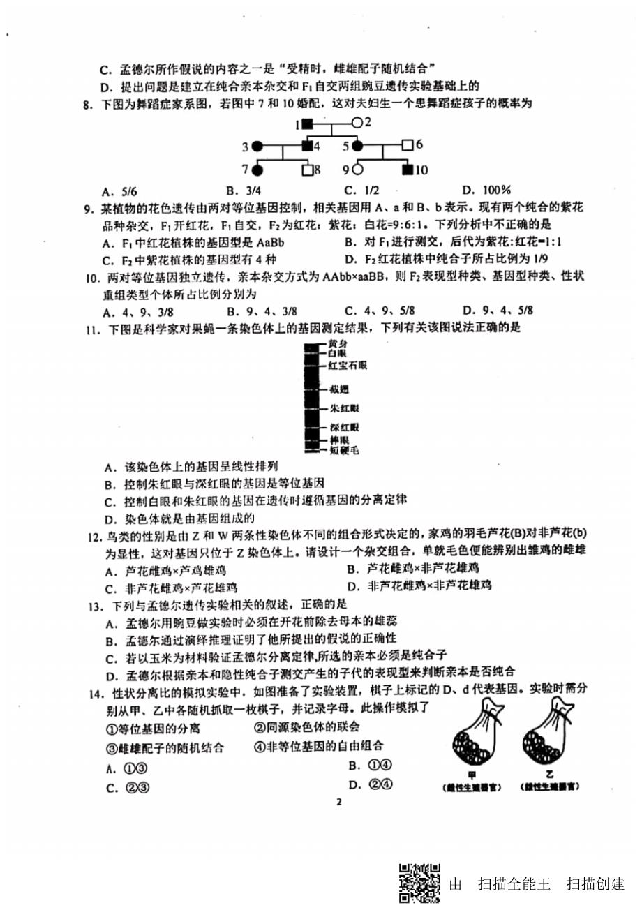 2018-2019学年安徽省高一下学期期中考试生物试题PDF版_第2页