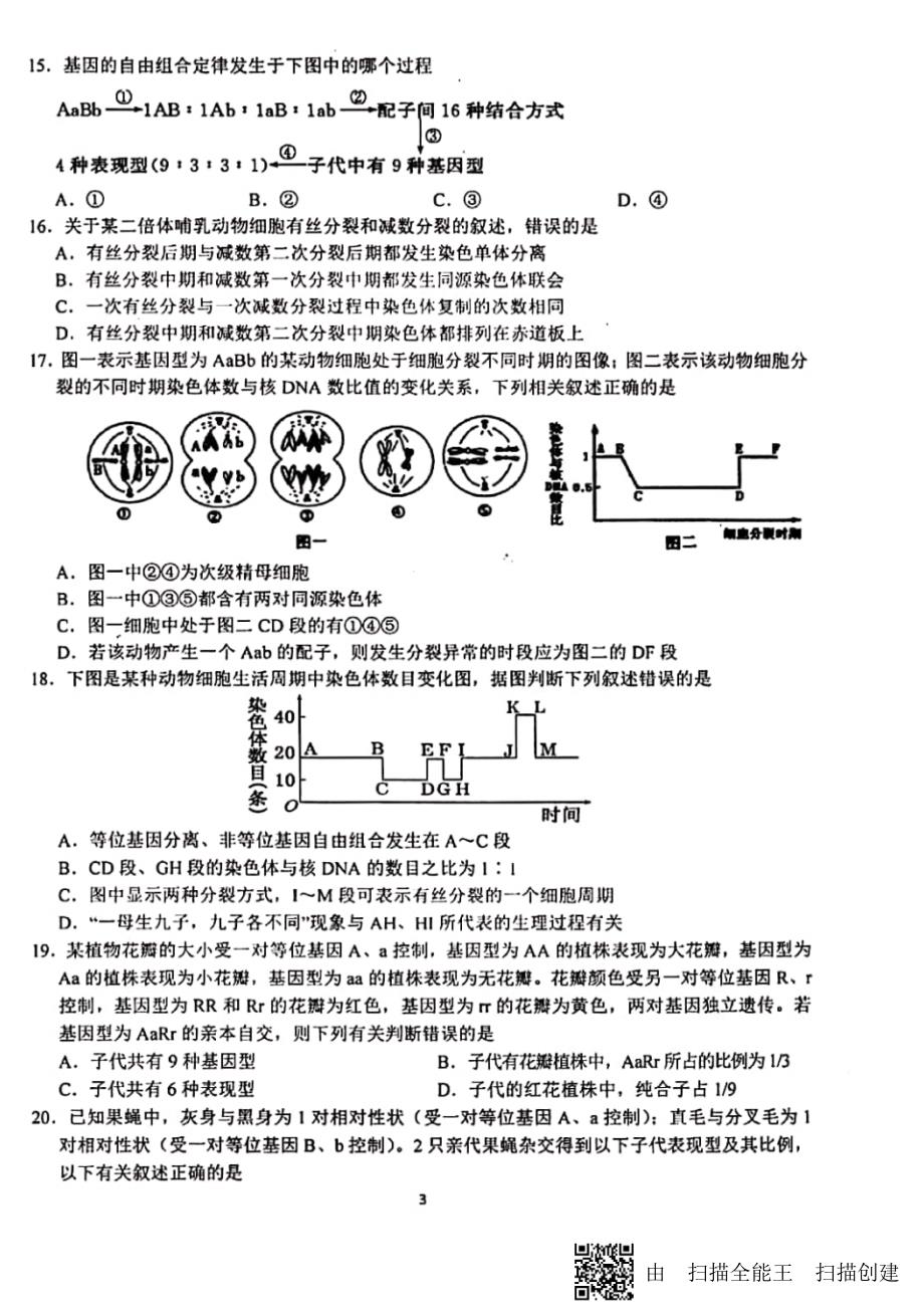 2018-2019学年安徽省高一下学期期中考试生物试题PDF版_第3页