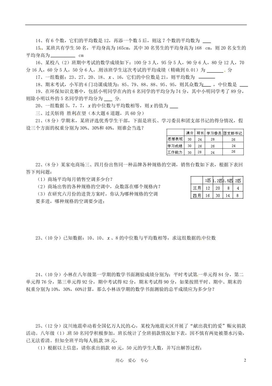 青海省西宁五中八年级数学《数据的代表》综合测试题.doc_第2页