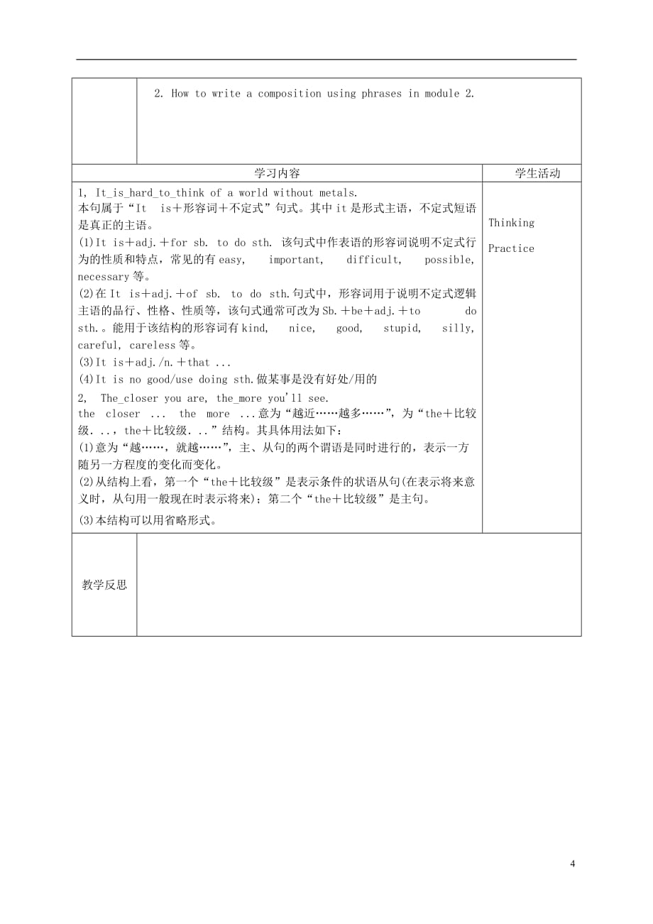 四川省宜宾市一中高三英语上学期第8周教学设计（Module5必修1）_第4页