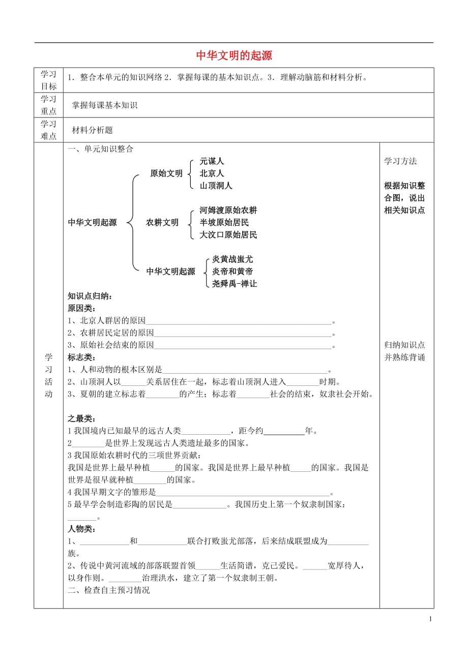 六级历史上册第一单元中华文明的起源导学案（无答案）鲁教五四制_第1页