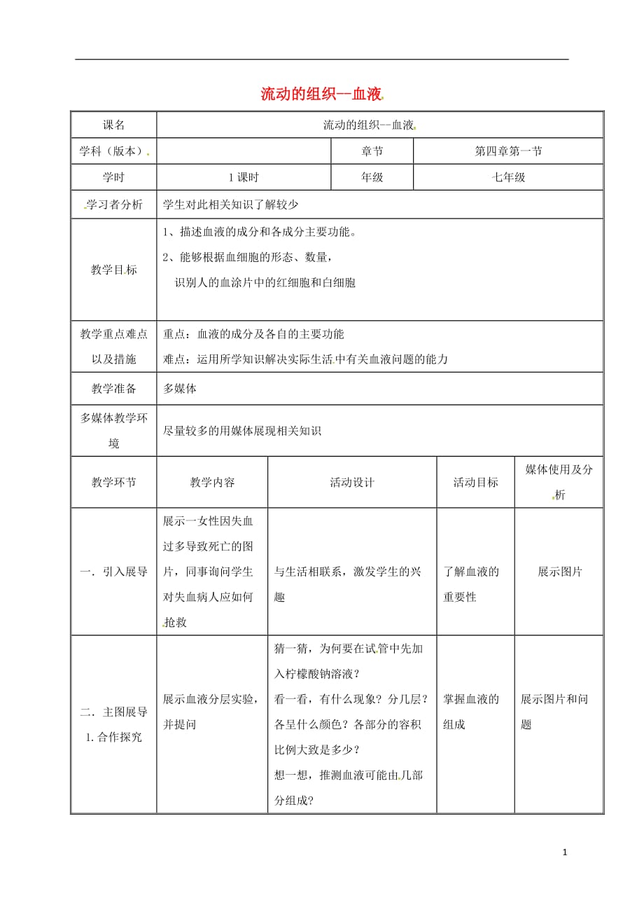 四川省泸州市泸县二中外国语实验学校七年级生物下册4.4.1流动的组织—血液教案（新版）新人教版_第1页