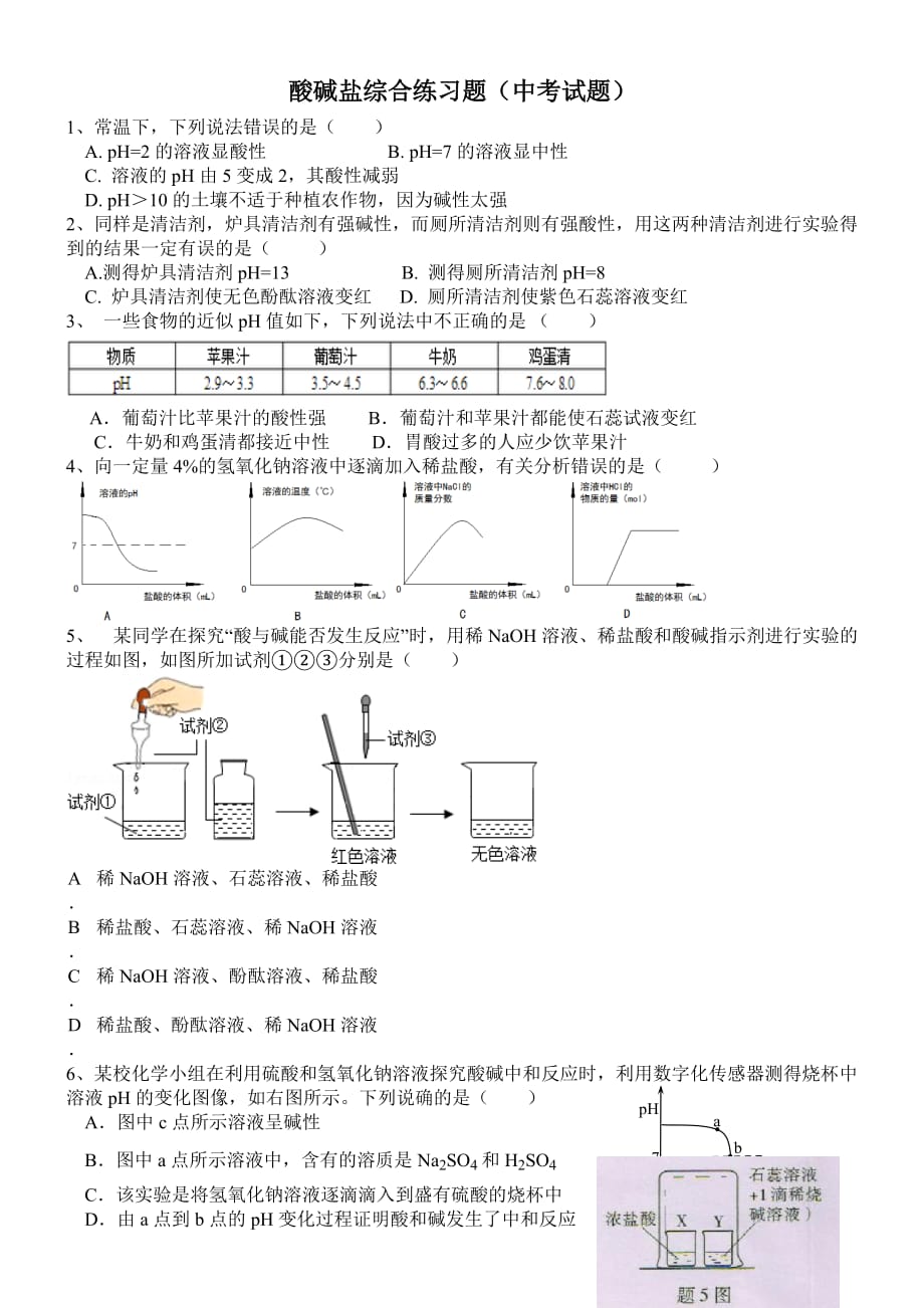 中考化学《酸、碱、盐》综合练习题_第1页