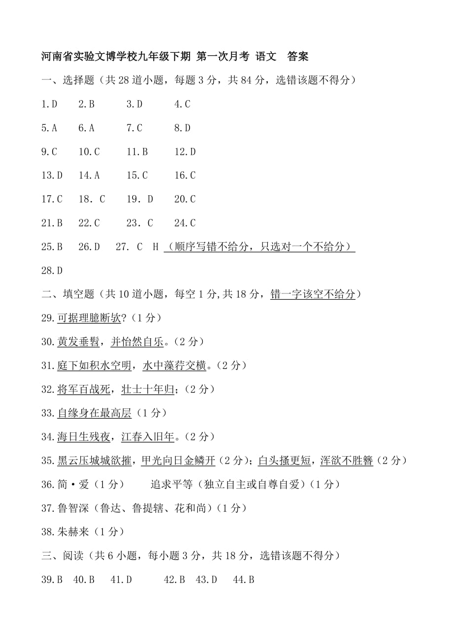 河南省实验文博学校九年级下期 第一次月考语文答案_第1页