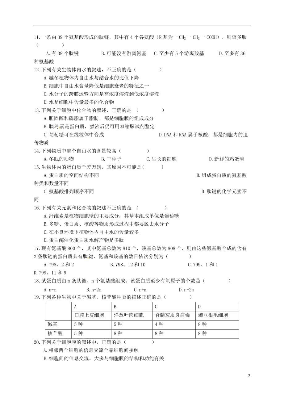 内蒙古准格尔旗世纪中学高一生物上学期第二次月考试题（无答案）_第2页