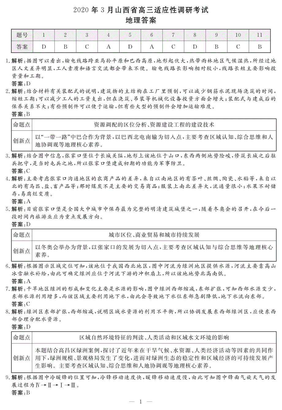 山西省2020年3月高三适应性调研考试（二模）地理答案-A_第1页