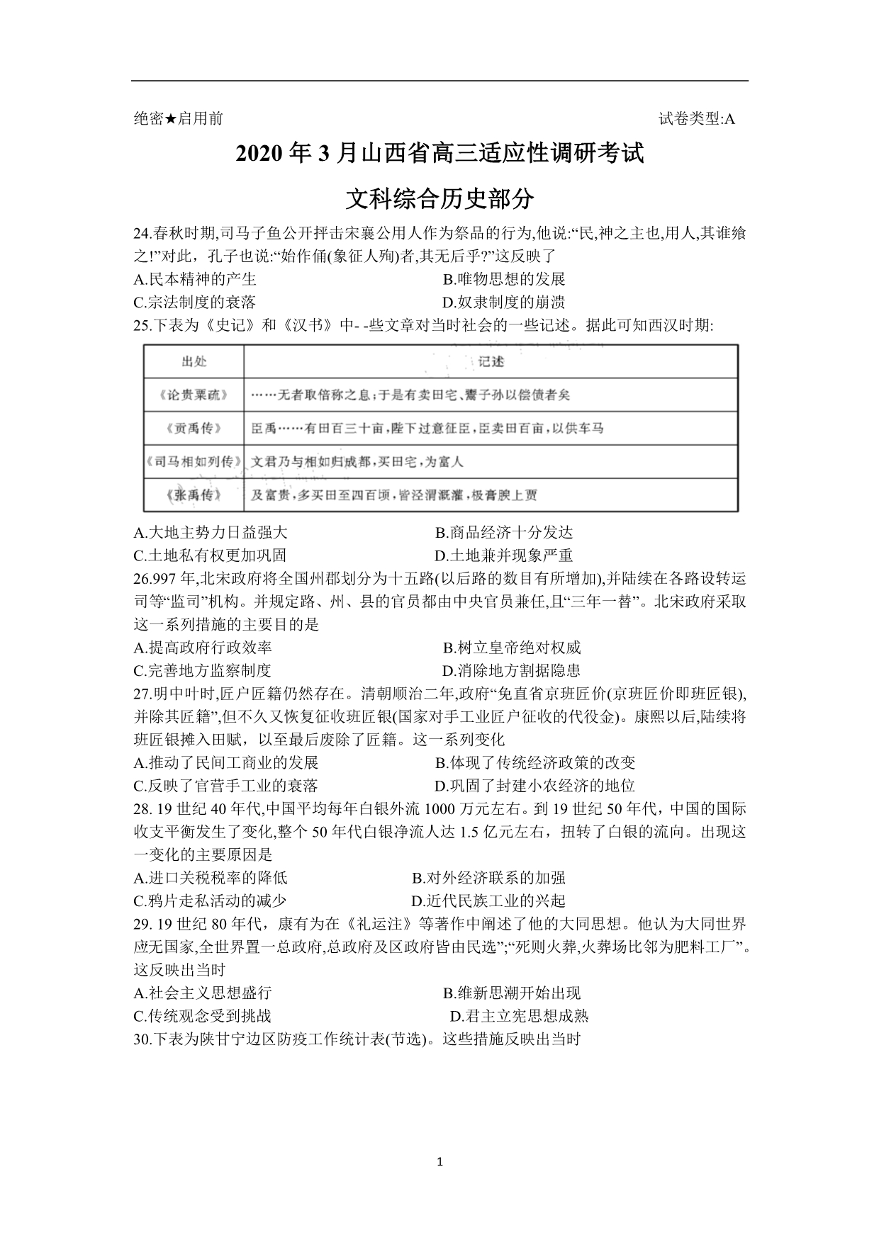 2020年3月山西省高三适应性调研考试文科综合（A卷）历史试题（Word版含答案）_第1页