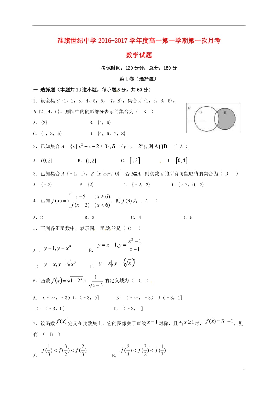 内蒙古准格尔旗世纪中学高一数学上学期第一次月考试题_第1页