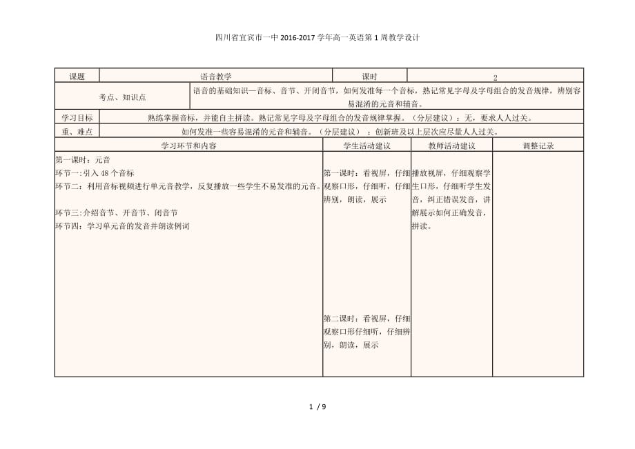 四川省宜宾市一中高一英语第1周教学设计_第1页