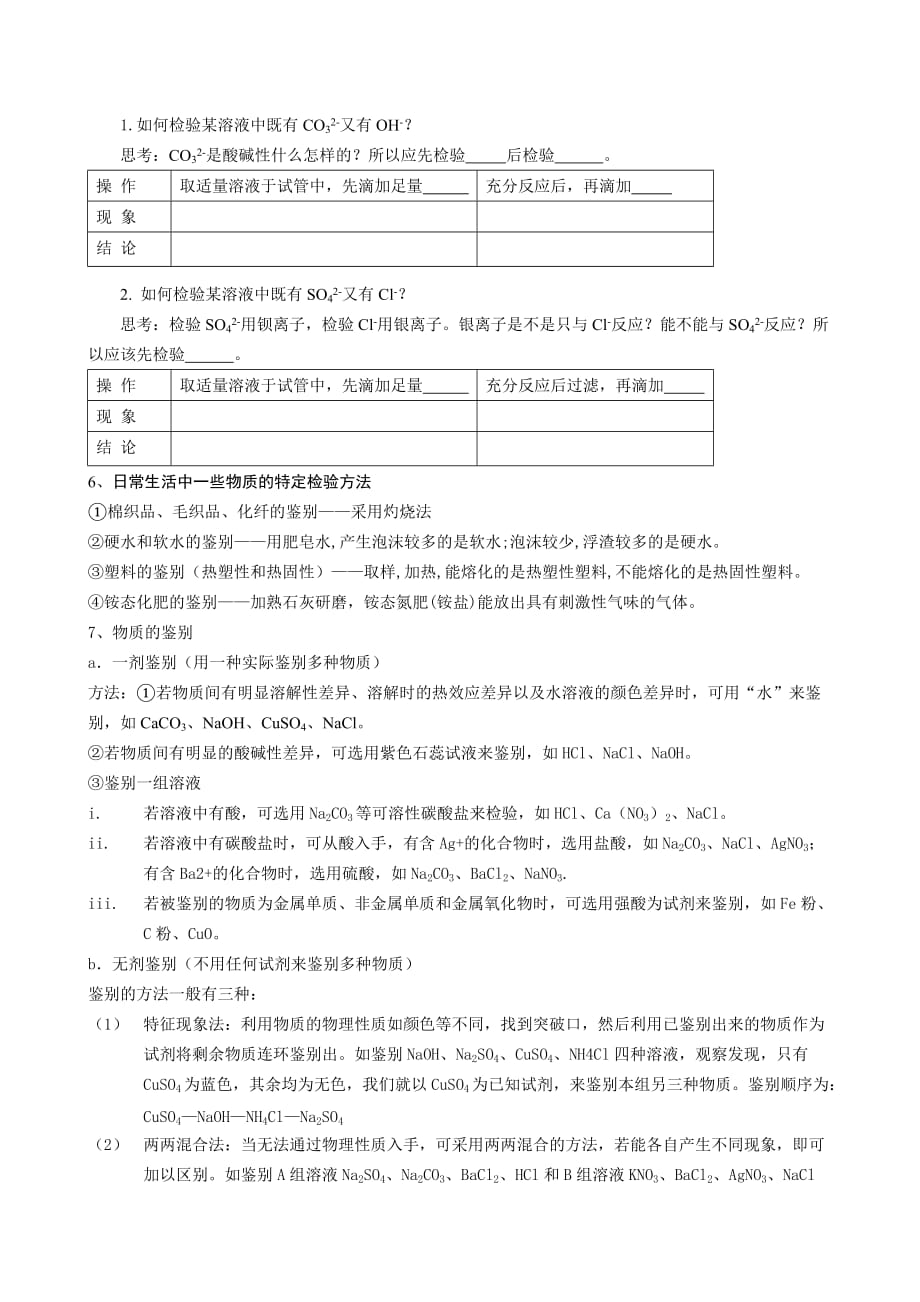 初中化学物质的检验分离和提纯专题教（学）案讲义全_第3页