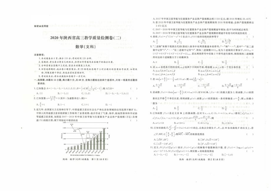 陕西省2020届高三教学质量检测卷（二）数学 （文科）含答案解析_第1页