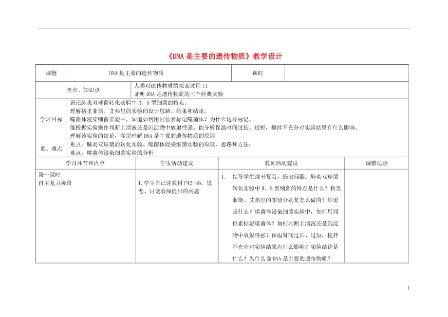 四川省宜宾市一中高三生物《DNA是主要的遗传物质》教学设计_第1页