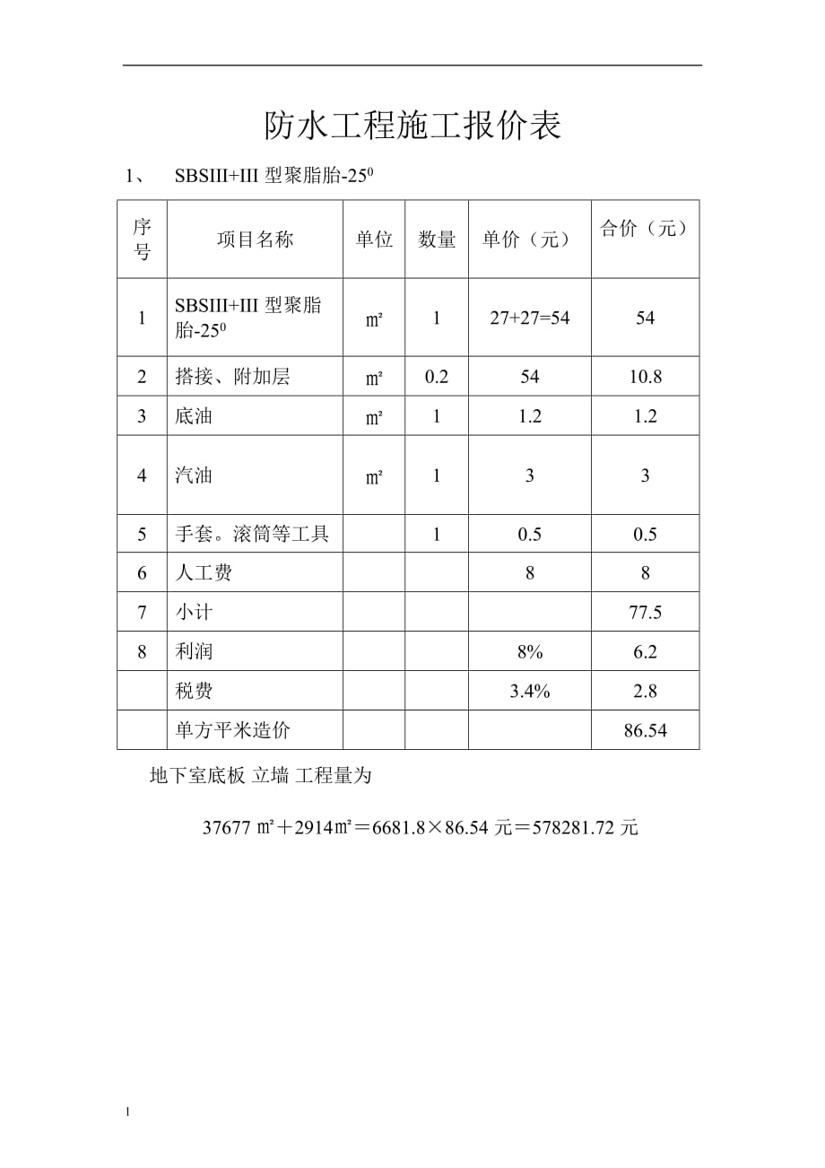 防水工程施工报价表研究报告_第1页