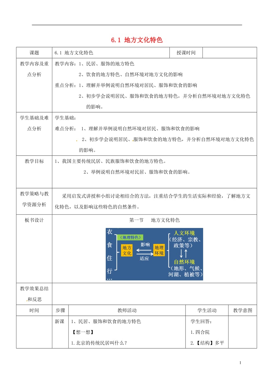 北京市丰台区看丹中学七年级地理下册6.1地方文化特色教案中图版_第1页