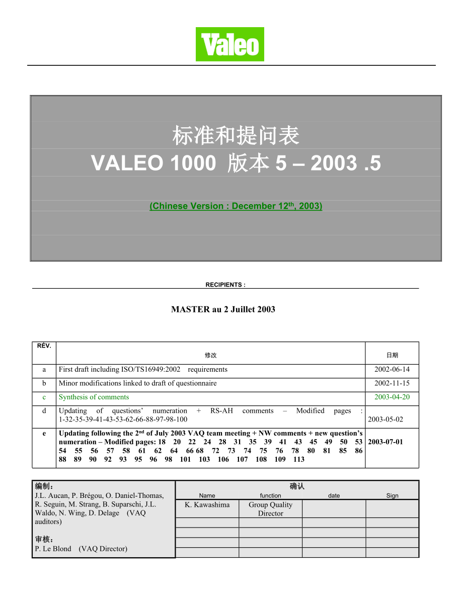 《精编》标准和提问表VALEO1000版本_第1页