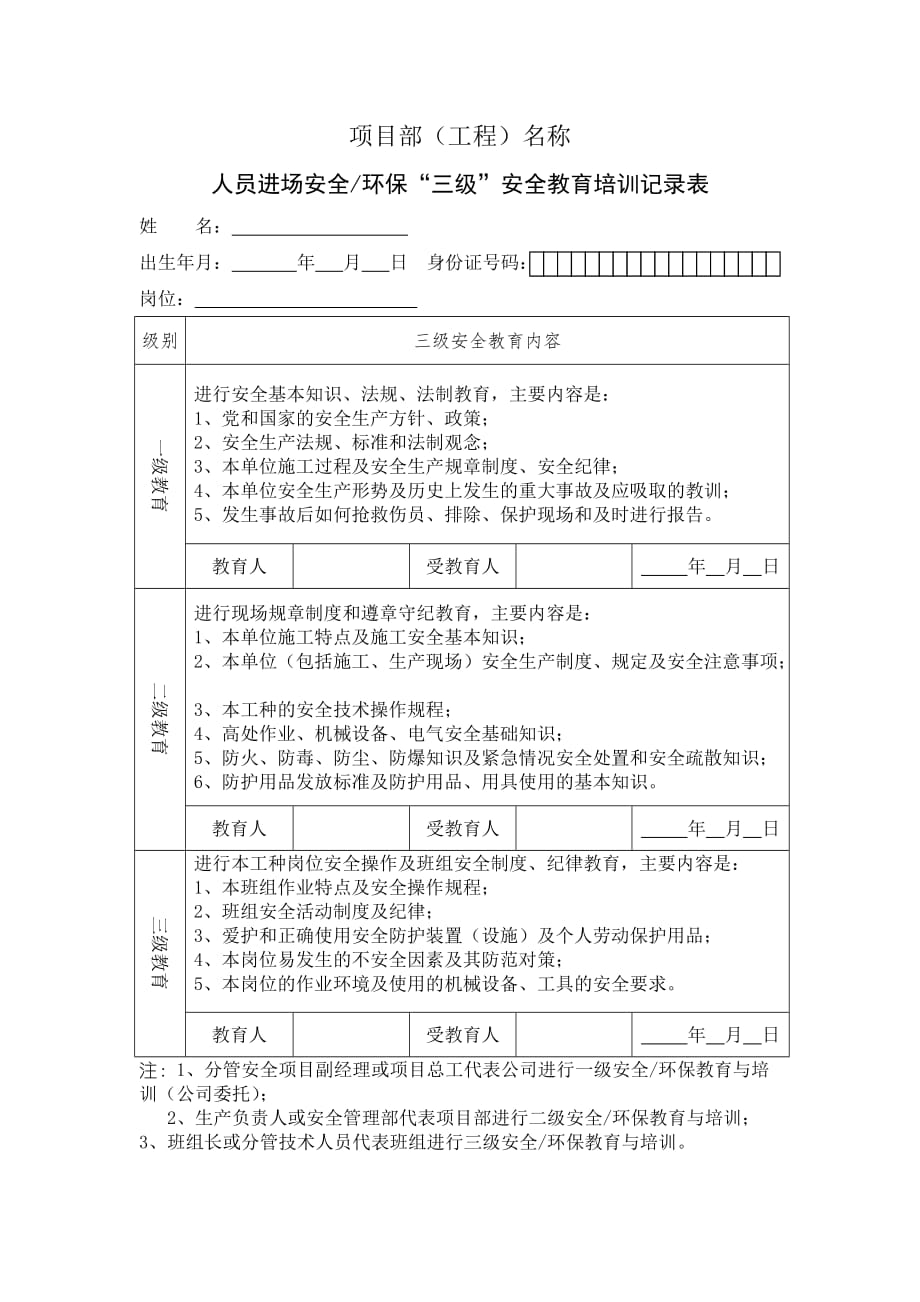 三级安全教育培训记录表--样例_第1页