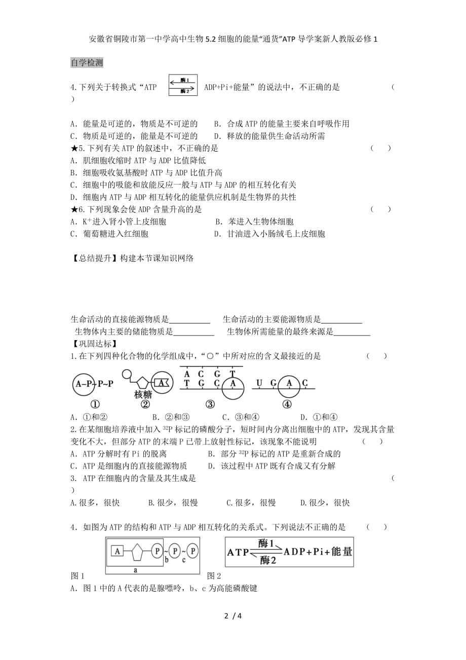 安徽省高中生物5.2细胞的能量“通货”ATP导学案新人教版必修1_第2页