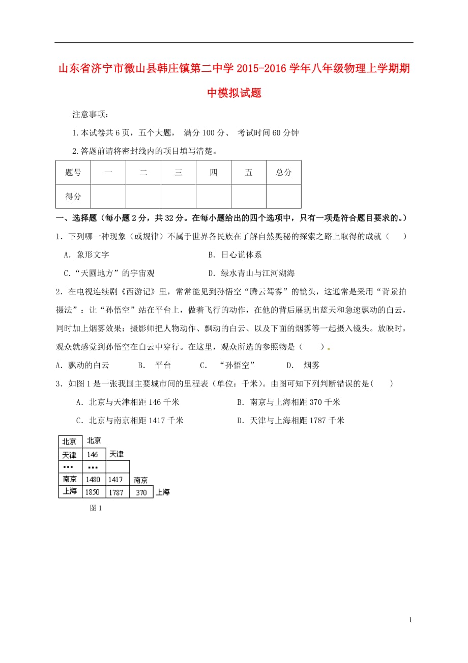 山东省济宁市微山县韩庄镇第二中学八年级物理上学期期中模拟试题新人教版_第1页