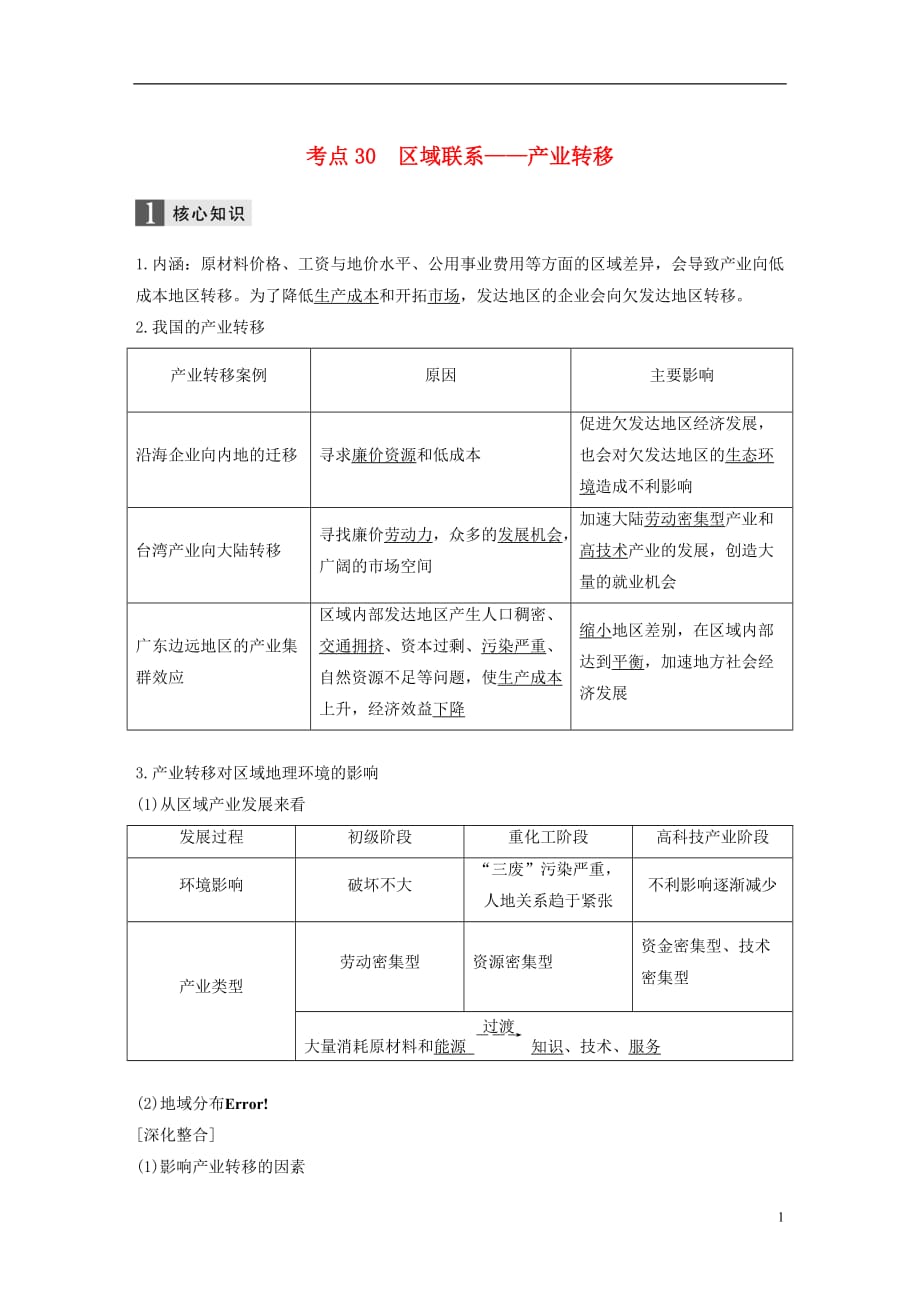 高考地理二轮复习专题九区域地理环境与人类活动考点30区域联系——产业转移_第1页