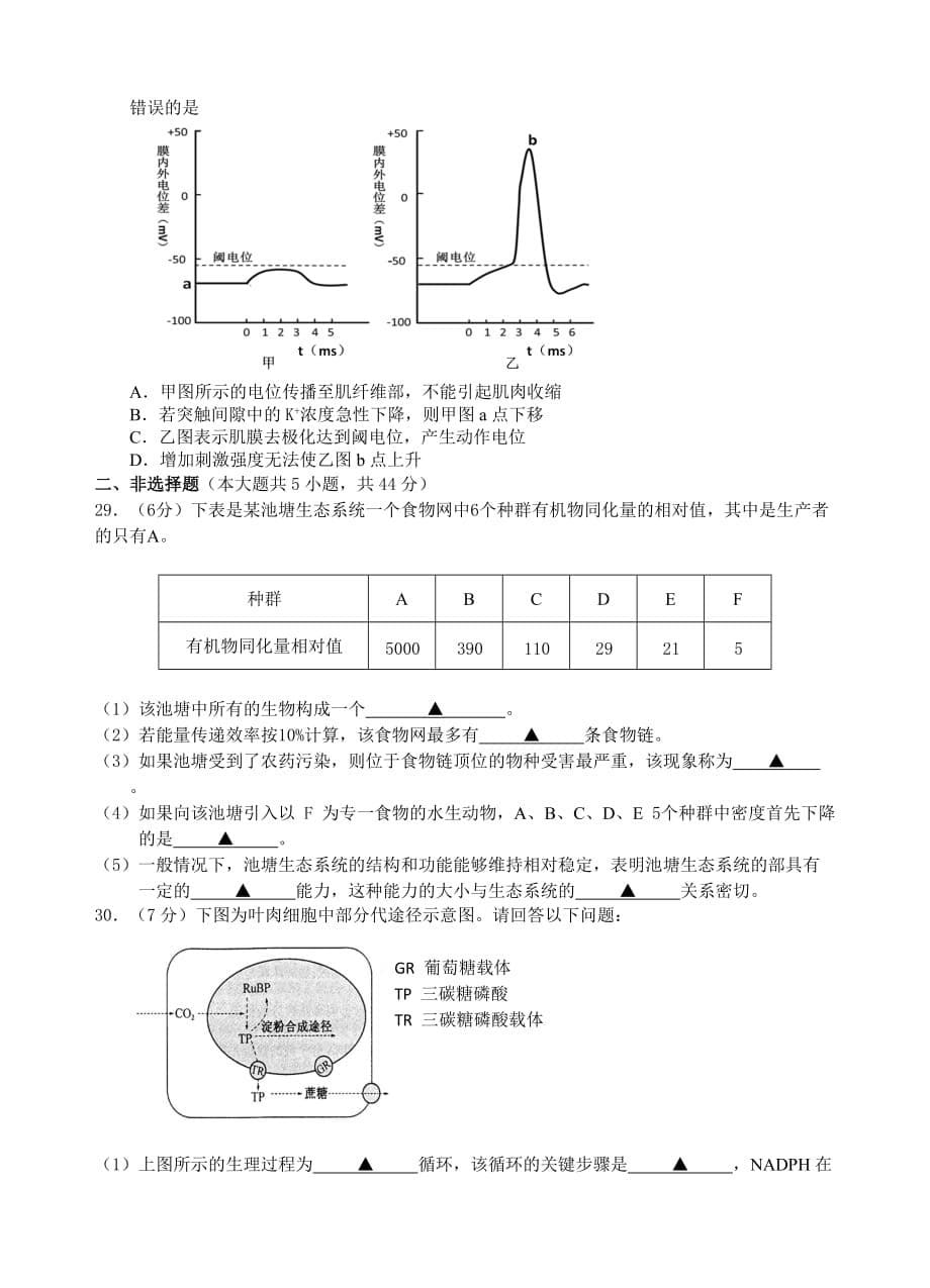 2017届浙江省名校协作体高三上学期联考生物试卷与答案_第5页