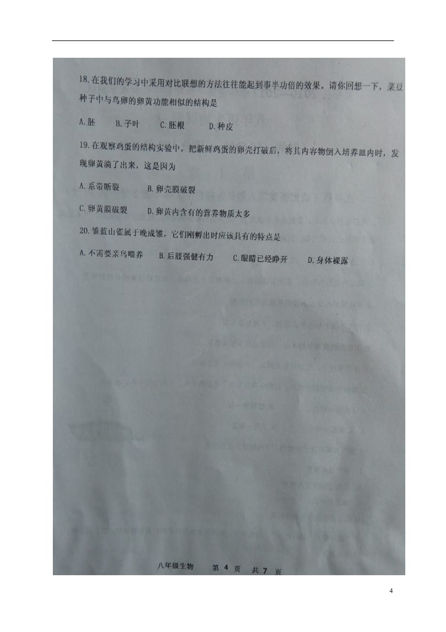 山东省济宁市嘉祥县八年级生物上学期期中学业水平测试试题（扫描版）济南版_第4页