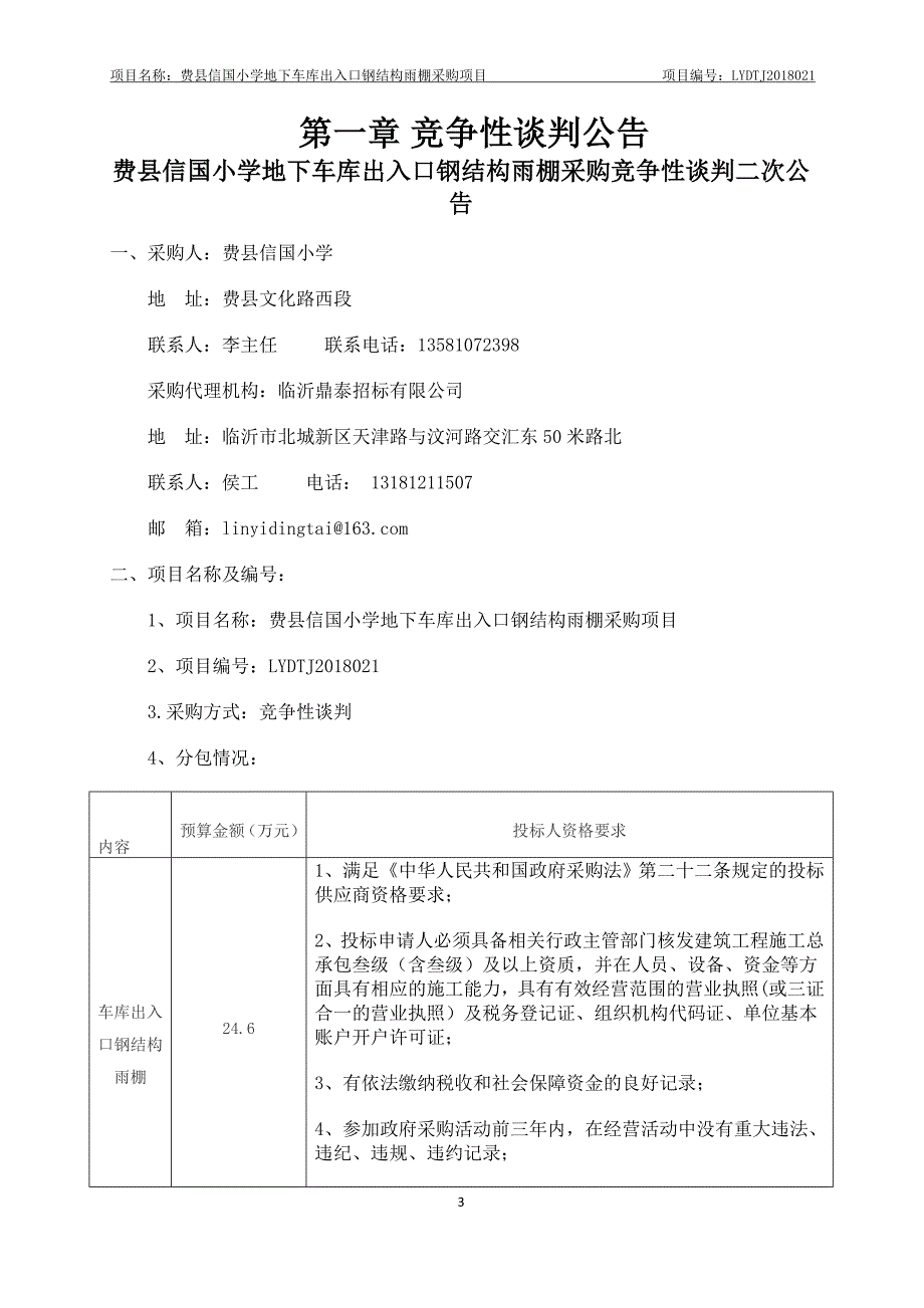 费县信国小学地下车库出入口钢结构雨棚采购项目招标文件_第3页