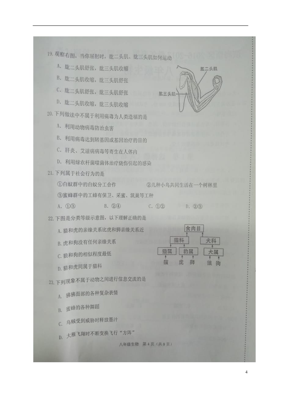 天津市滨海新区八年级生物上学期期末考试试题（扫描版）新人教版_第4页