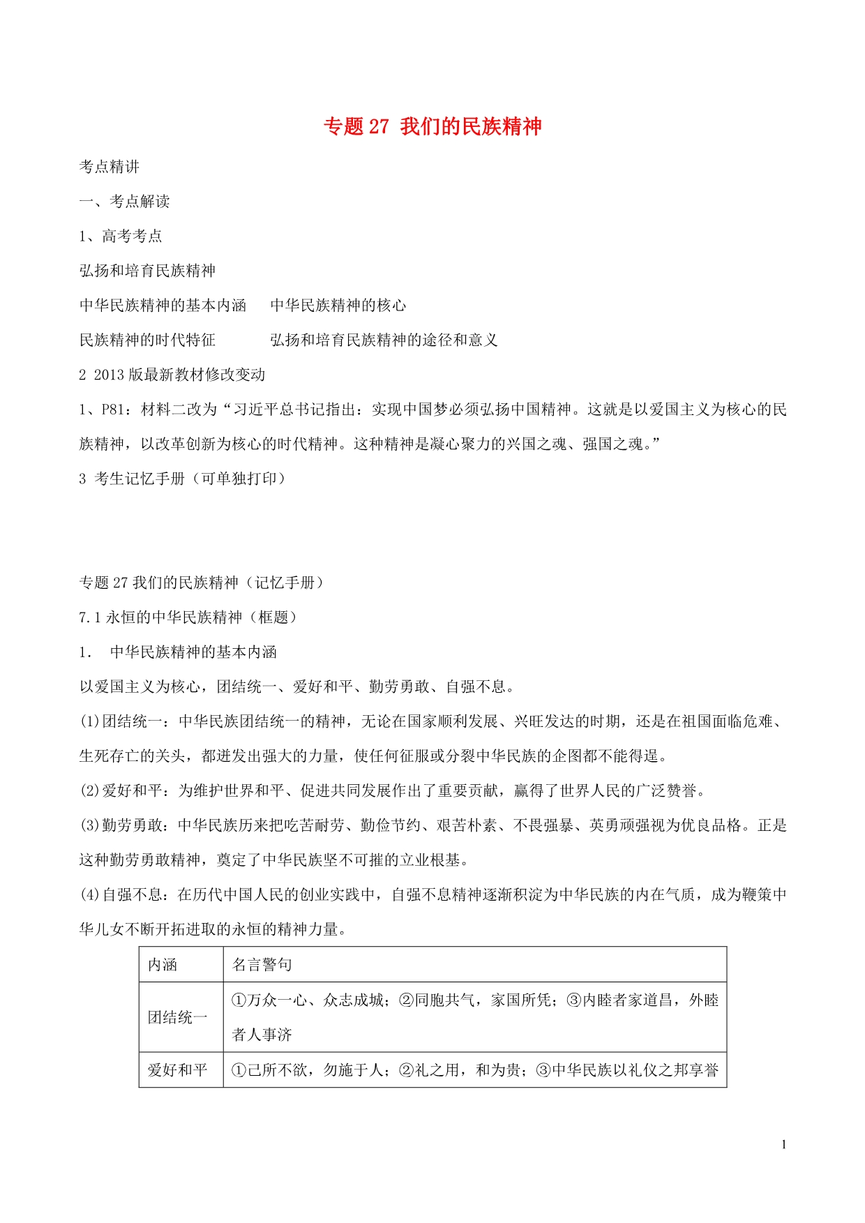 备战高考政治（精讲+精练+精析）专题27我们的民族精神试题（含解析）_第1页