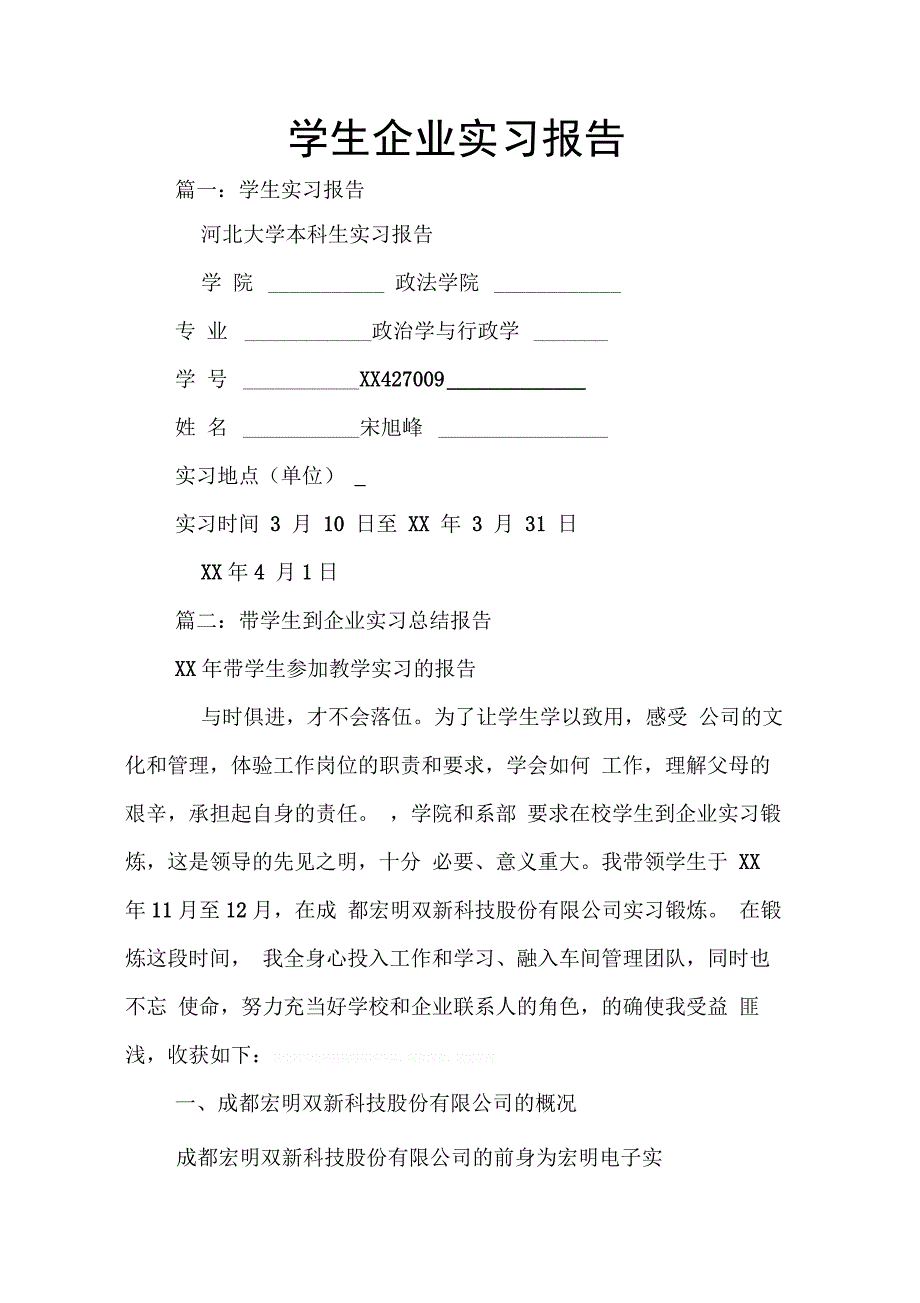 202X年学生企业实习报告_第1页