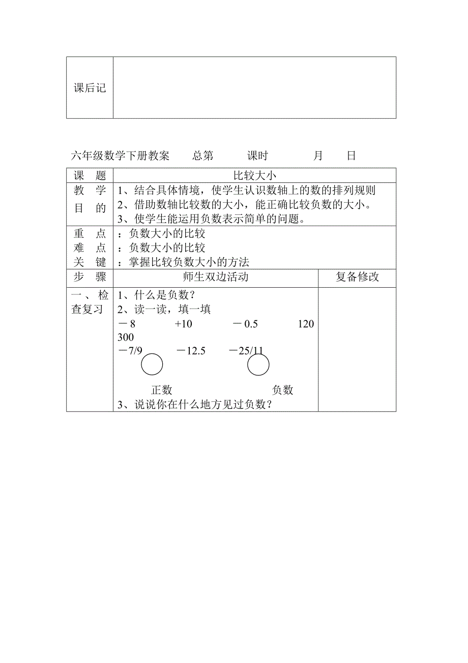 2017最新人教版六年级数学下册全册教（学）案(表格式)_第3页