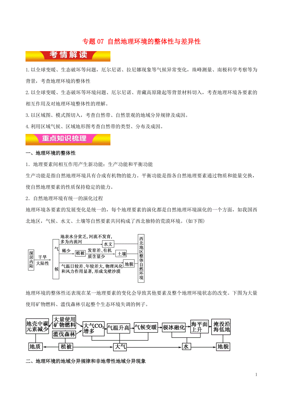 高考地理二轮复习专题07自然地理环境的整体性与差异性讲学案（含解析）_第1页