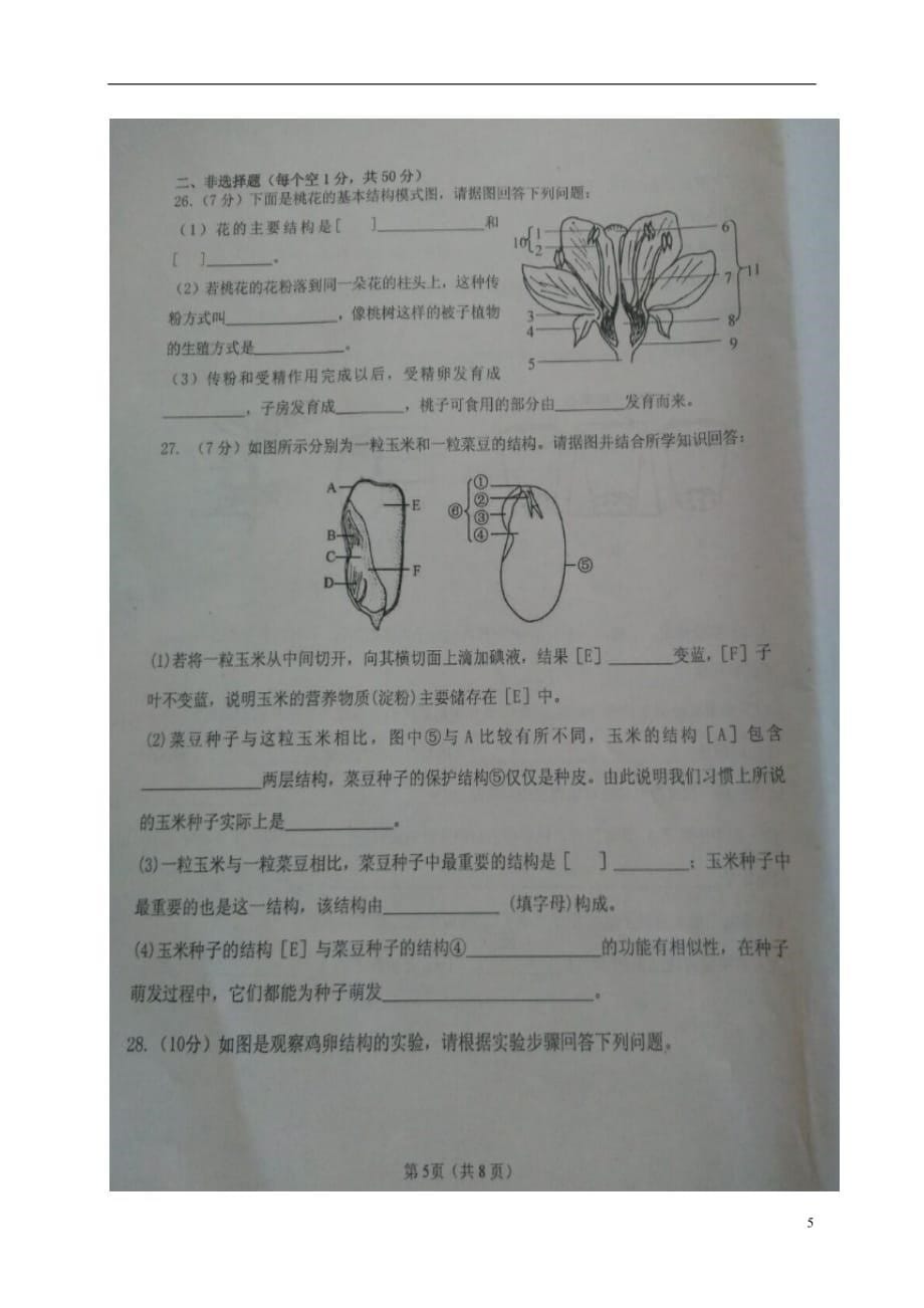 山东省滨州市无棣县八年级生物上学期期中试题（扫描版）济南版_第5页